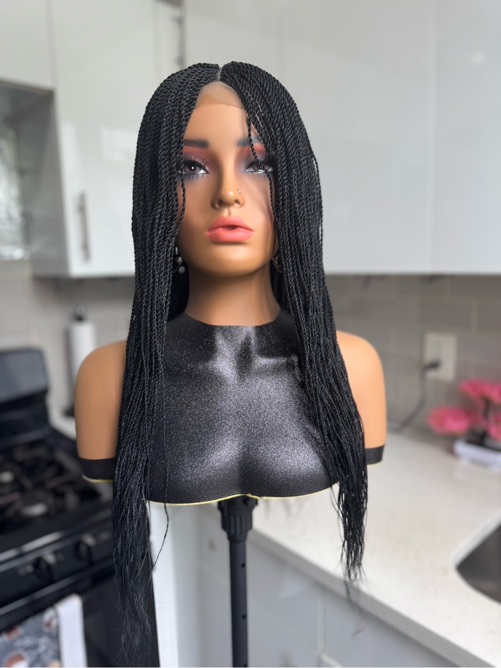 Handmade 28 Inch Micro Twist Braided Wig | Black 2x6 Lace Closure